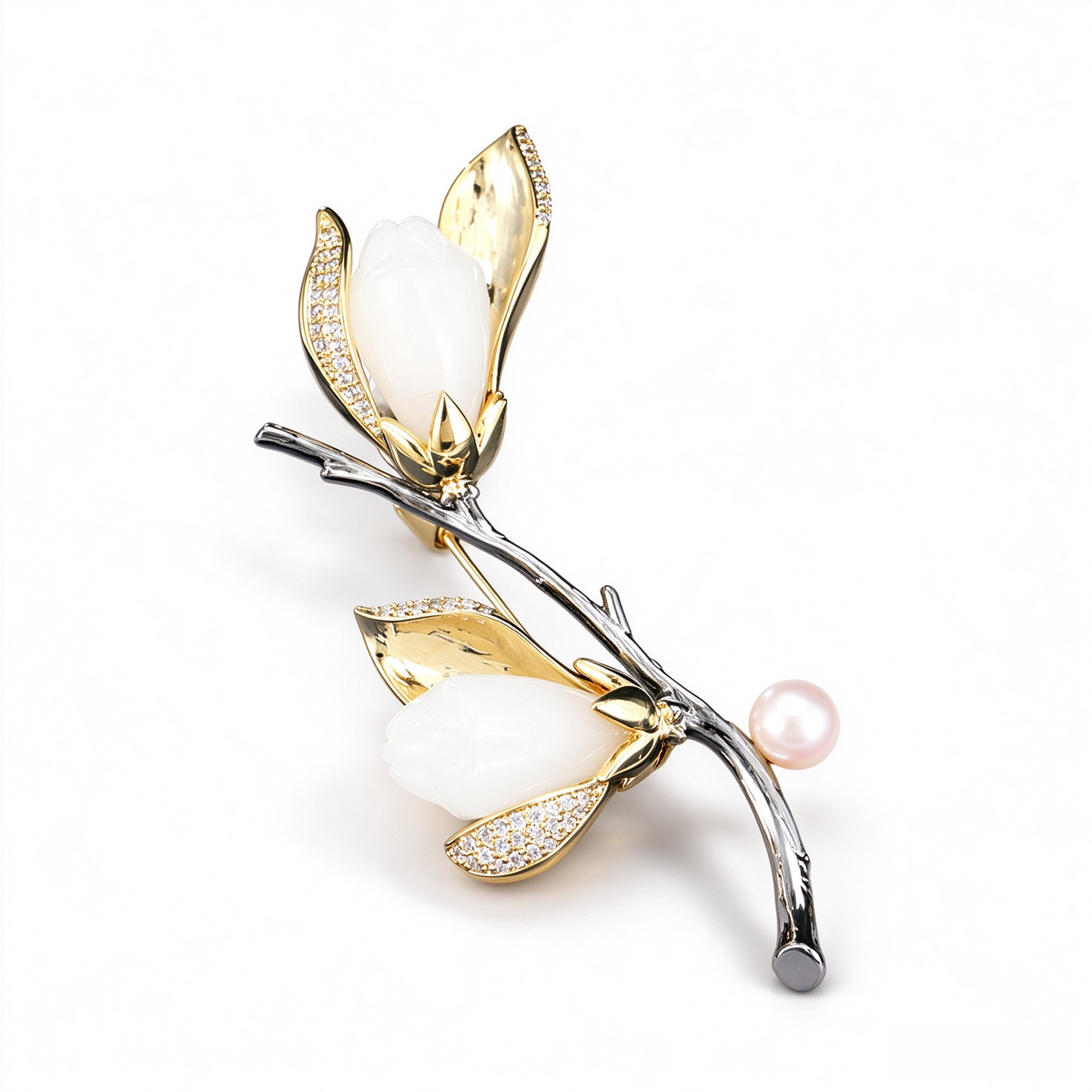 Gold and silver two-tone magnolia pearl branch brooch