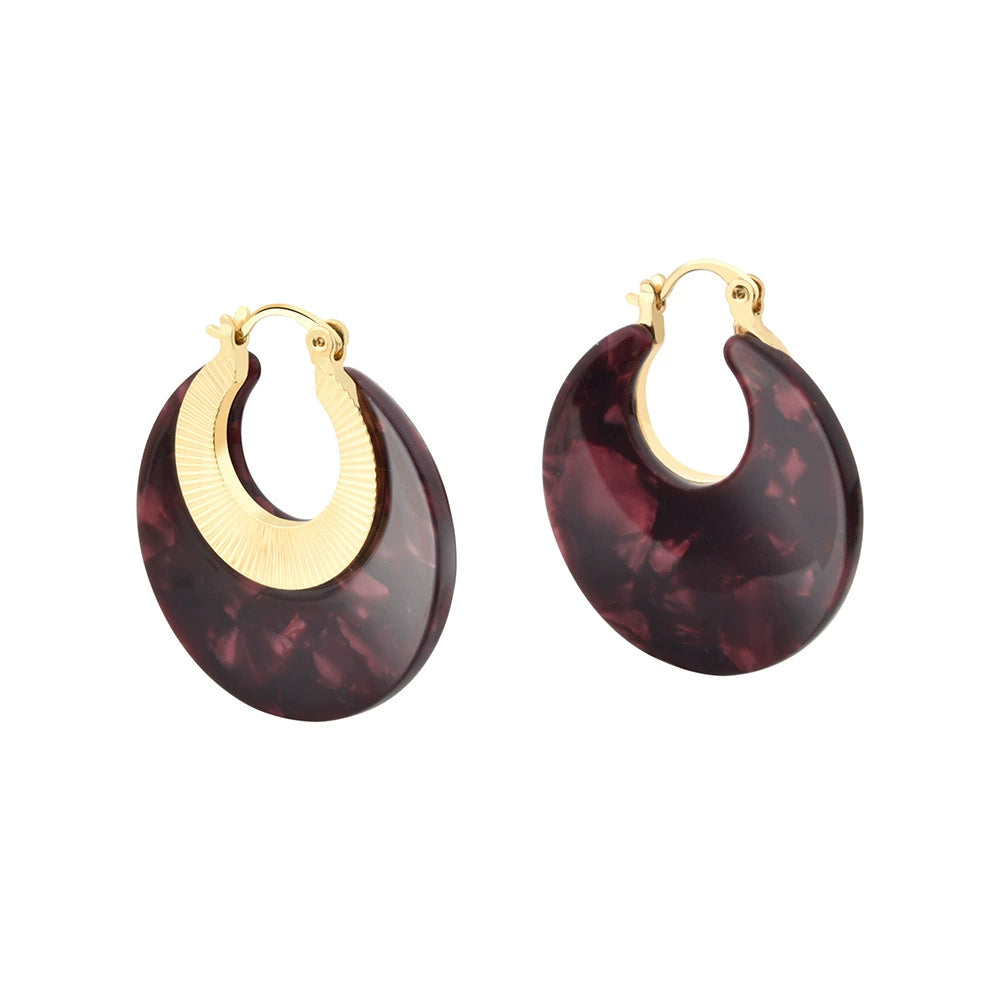 Round burgundy marbled acetate hoop earrings with gold-tone textured metal