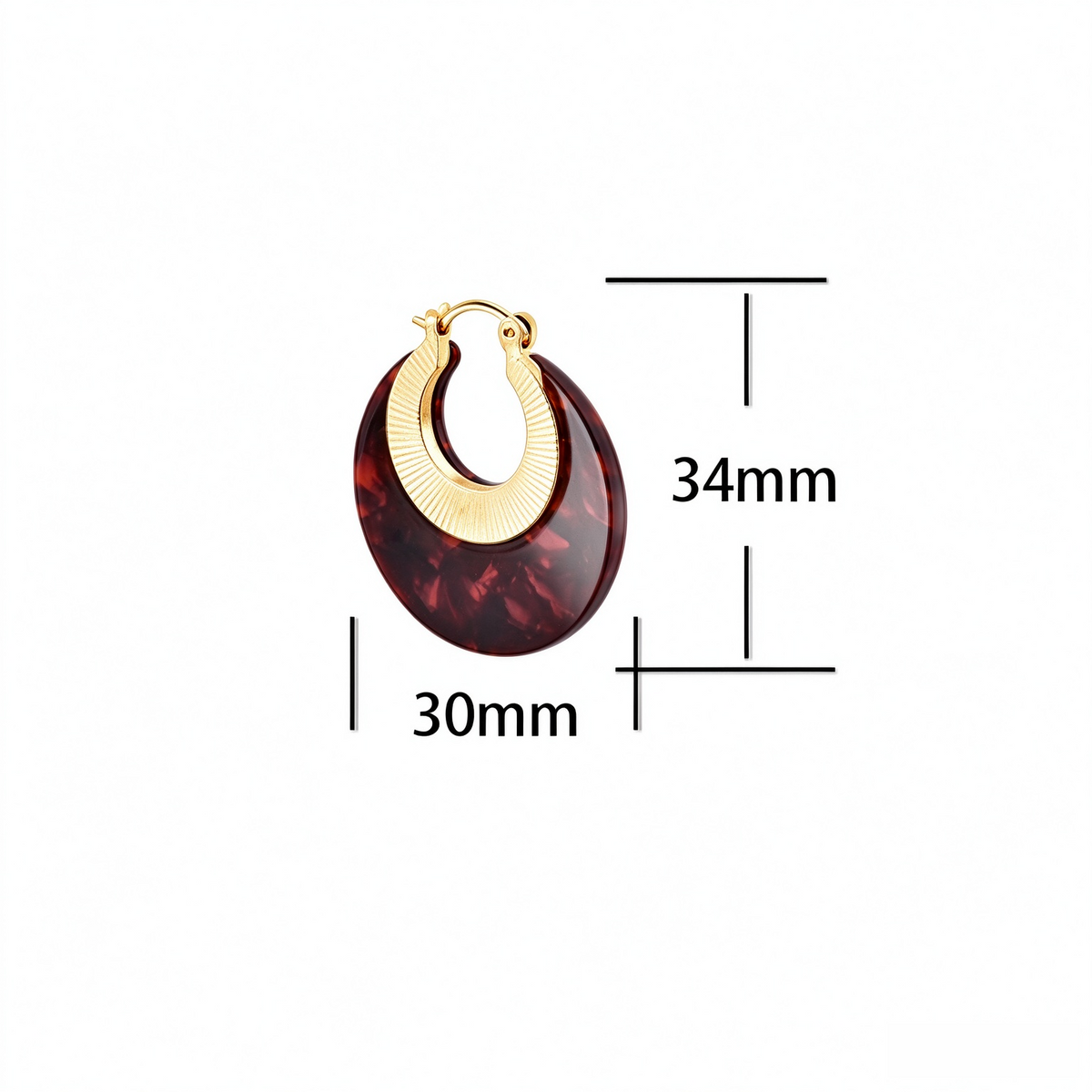 Round burgundy marbled acetate hoop earring measuring approximately 34 by 30 mm