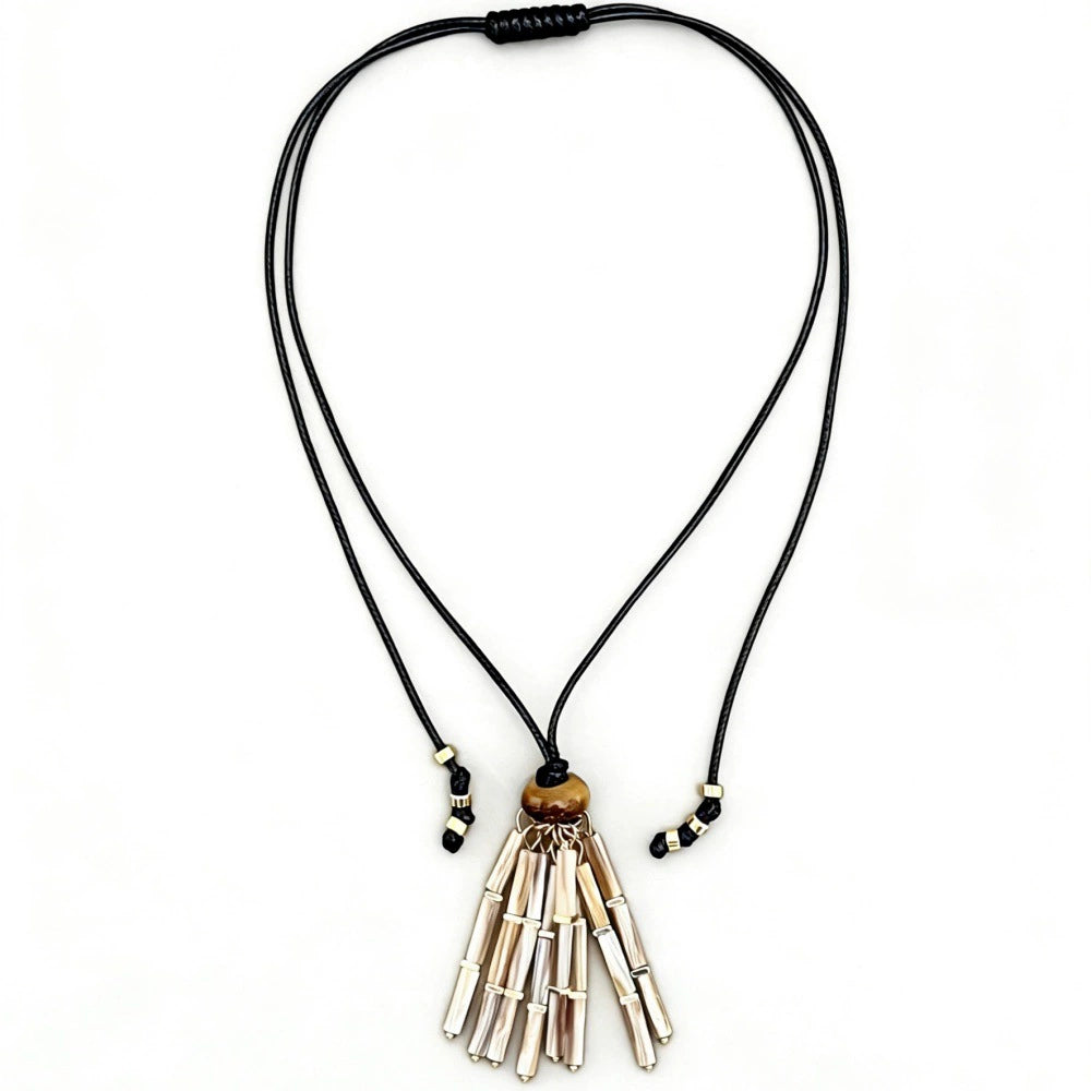 Mother-of-Pearl Tassel Cord Necklace with gold-tone brass details