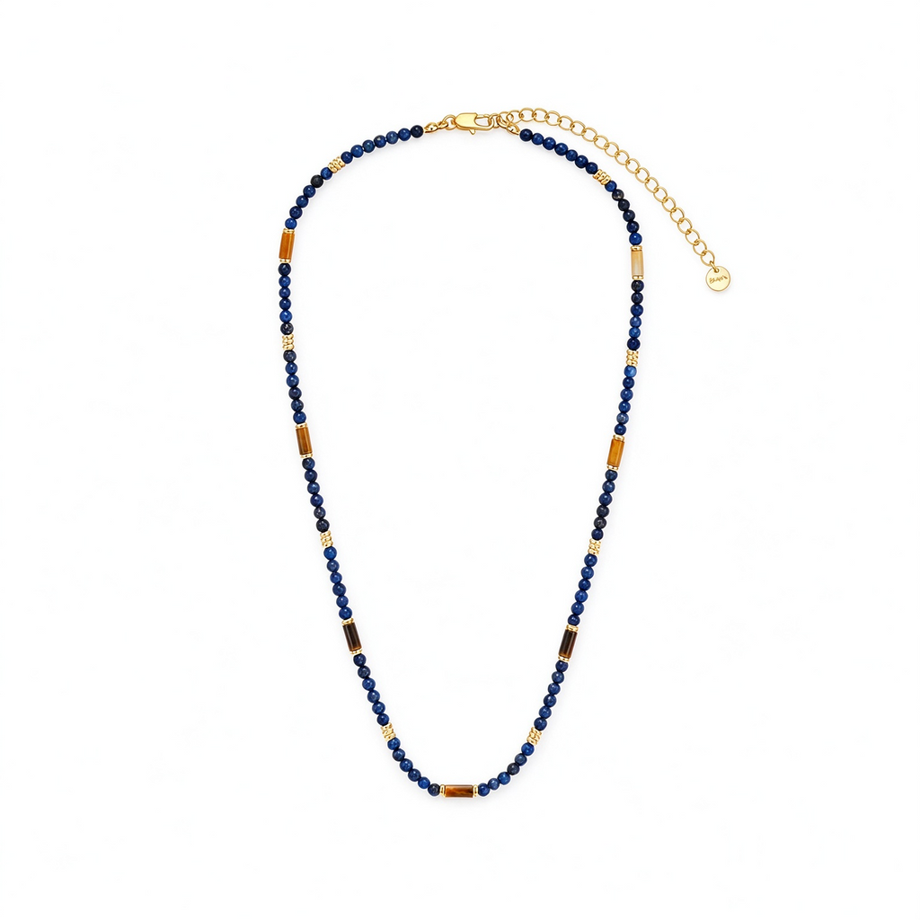 Lapis lazuli beads and tiger eye accents on the Motu Blue necklace