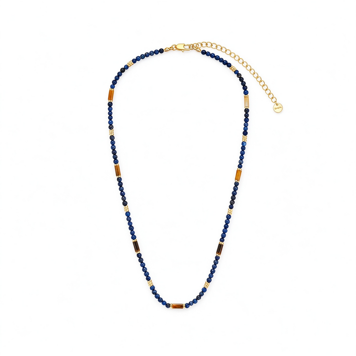 Lapis lazuli beads and tiger eye accents on the Motu Blue necklace