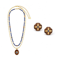 Motu Blue layered necklace and stud earring three-piece jewelry set on a white background