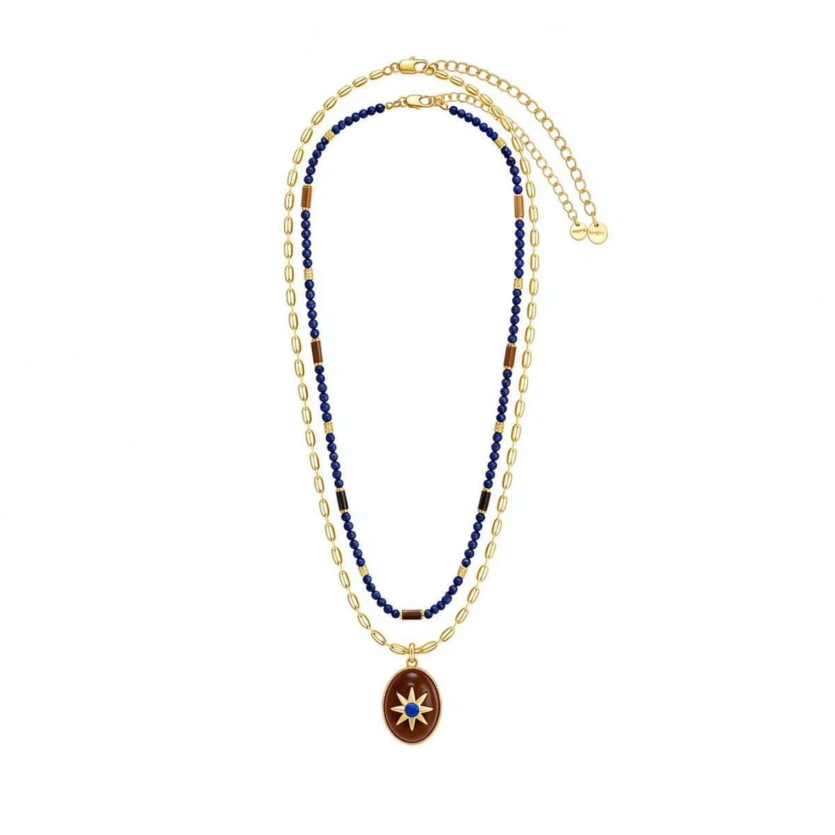 Motu Blue layered necklace set with lapis lazuli, tiger eye, wood and gold-tone details