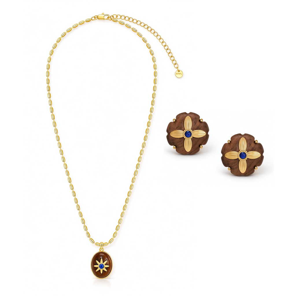 Motu Blue wood and lapis pendant necklace with matching stud earrings on a white background
