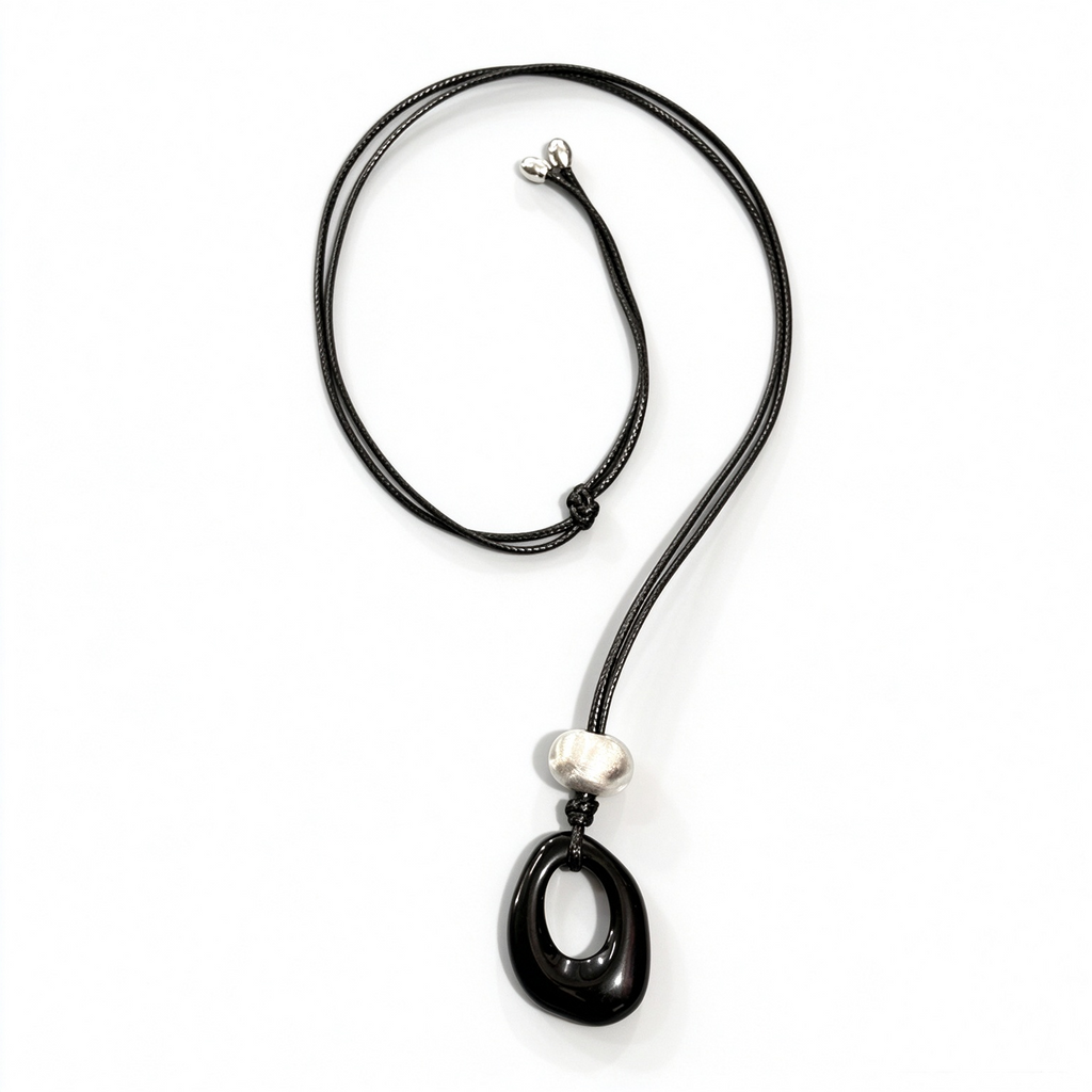 Openwork Black Onyx Cord Necklace with hand-brushed silver-tone bead