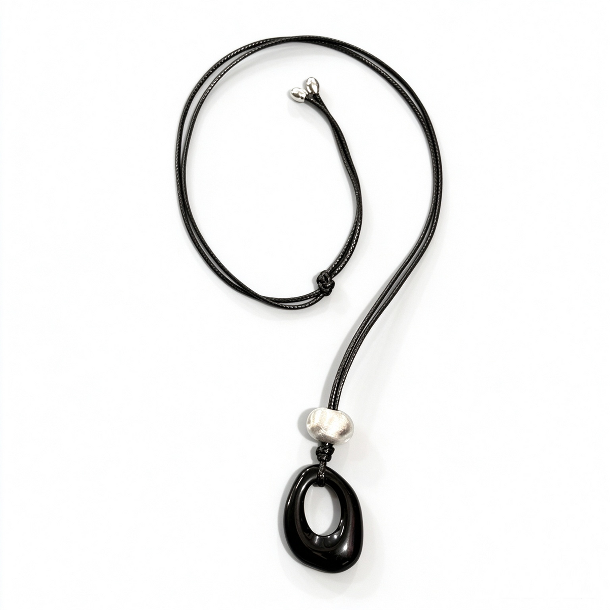 Openwork Black Onyx Cord Necklace with hand-brushed silver-tone bead
