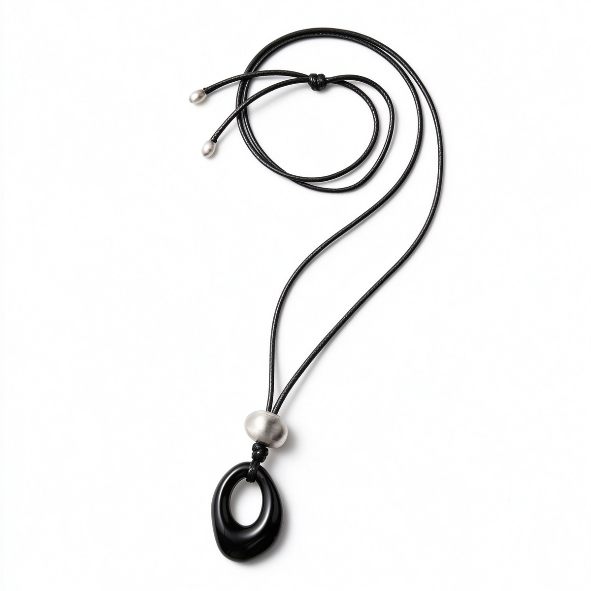 Openwork Black Onyx Cord Necklace with hand-brushed silver-tone bead