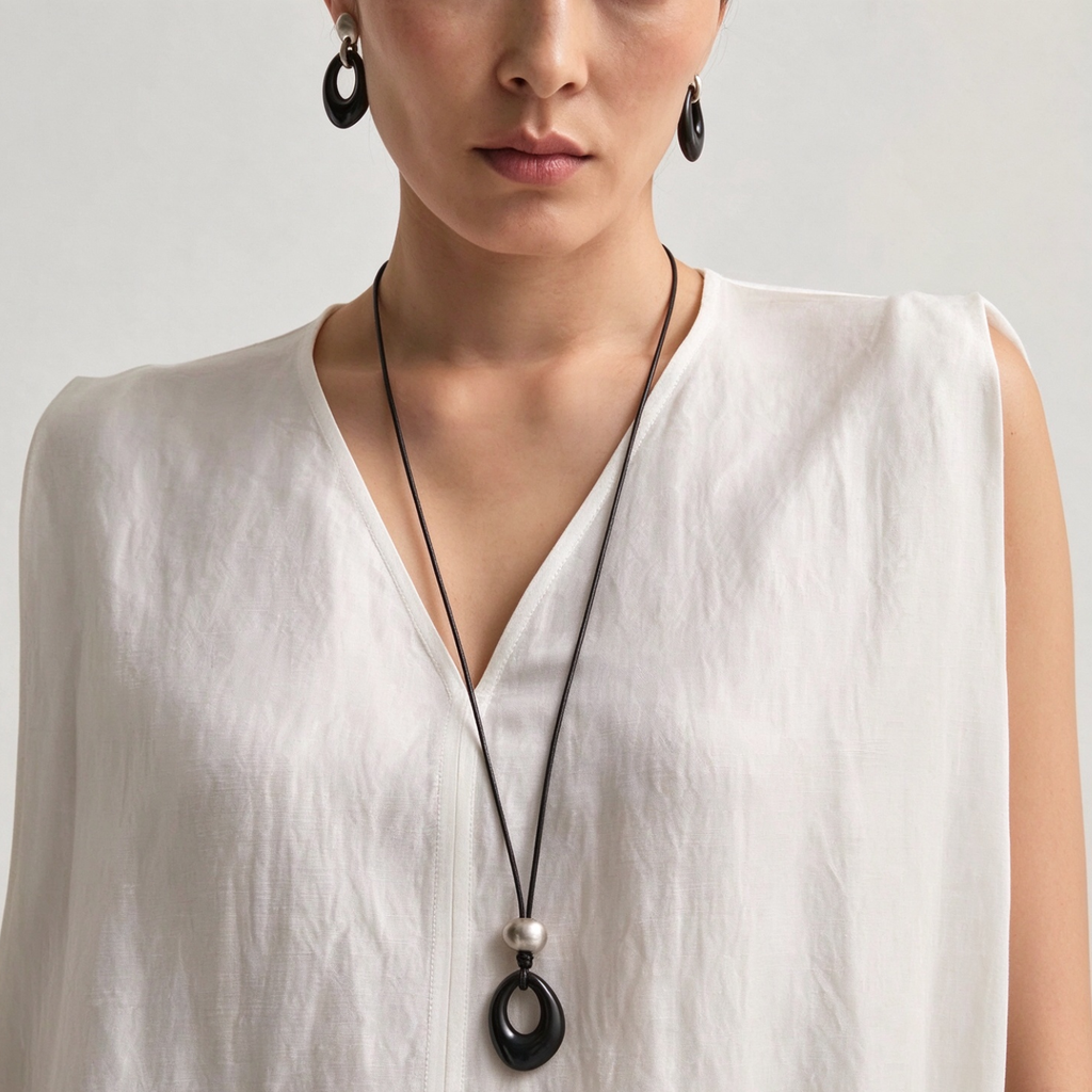 Model wearing the Openwork Black Onyx cord necklace and matching drop earrings