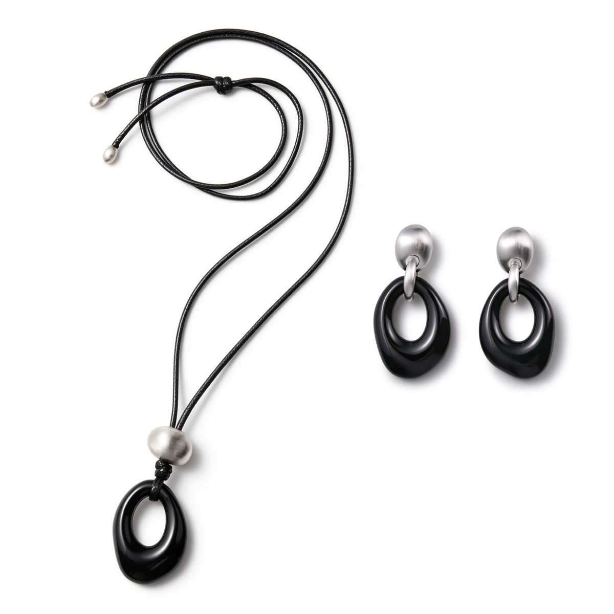 Openwork black onyx cord necklace and matching drop earrings jewelry set