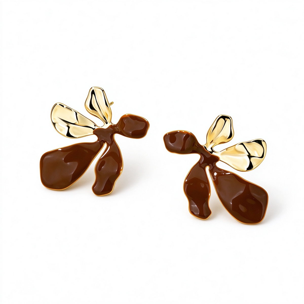 Petal Form Stud Earrings in coffee with gold-tone detail