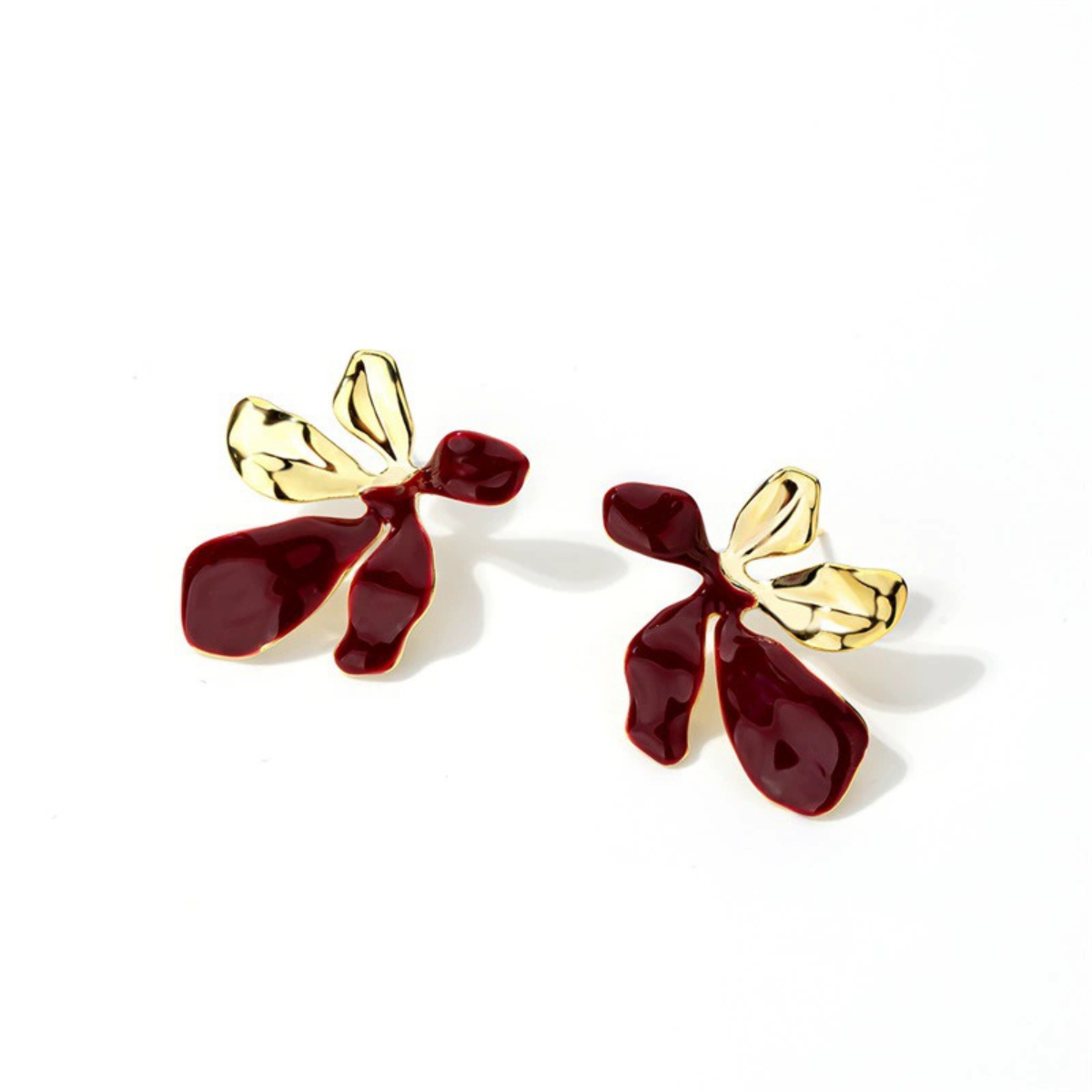 Petal Form Stud Earrings in red with gold-tone detail