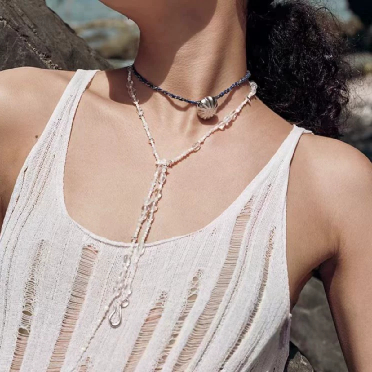 Rippled Shell & Crystal Long Necklace with mixed shell and clear crystal details
