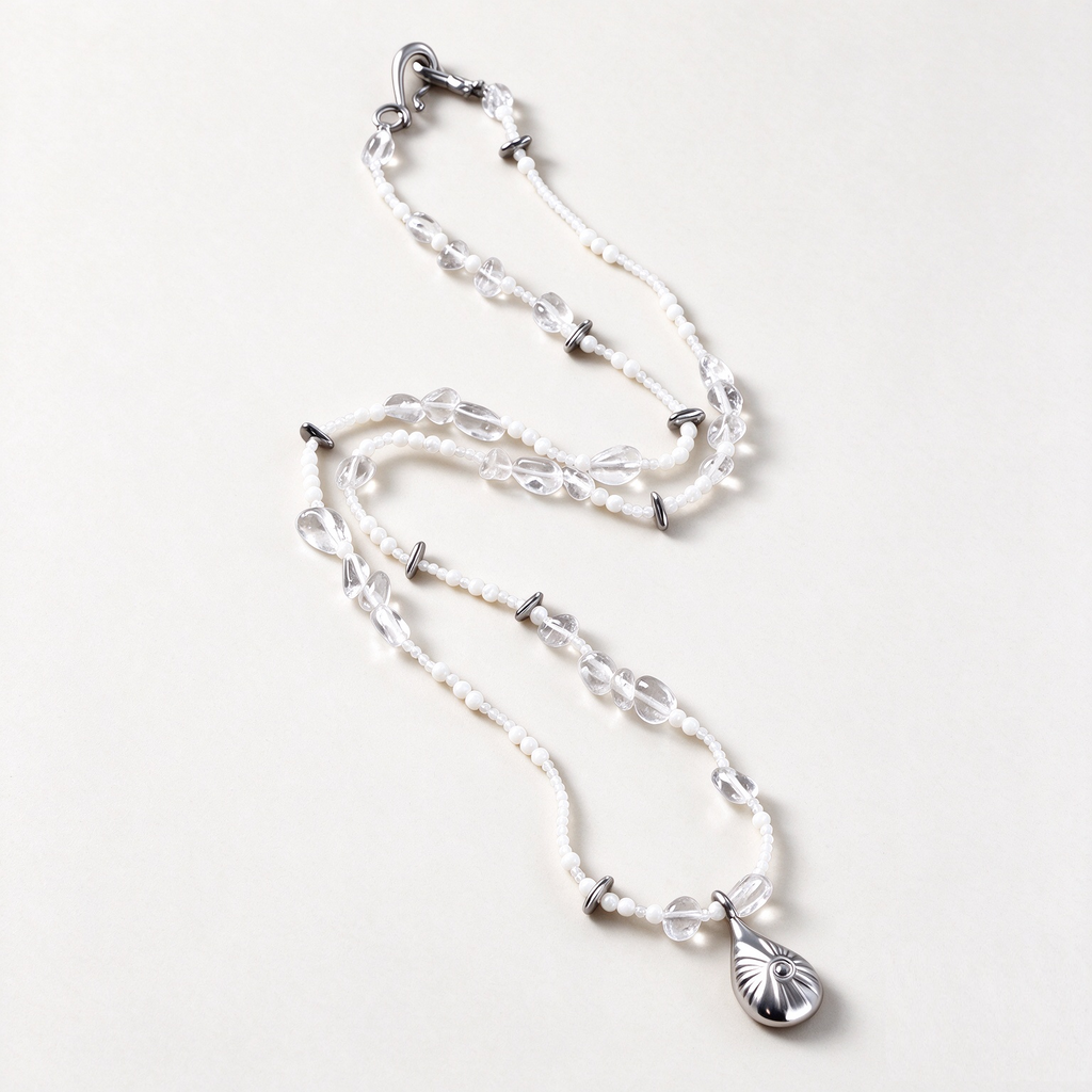 Rippled Shell & Crystal Long Necklace with shell beads, clear crystal accents and a silver-tone pendant