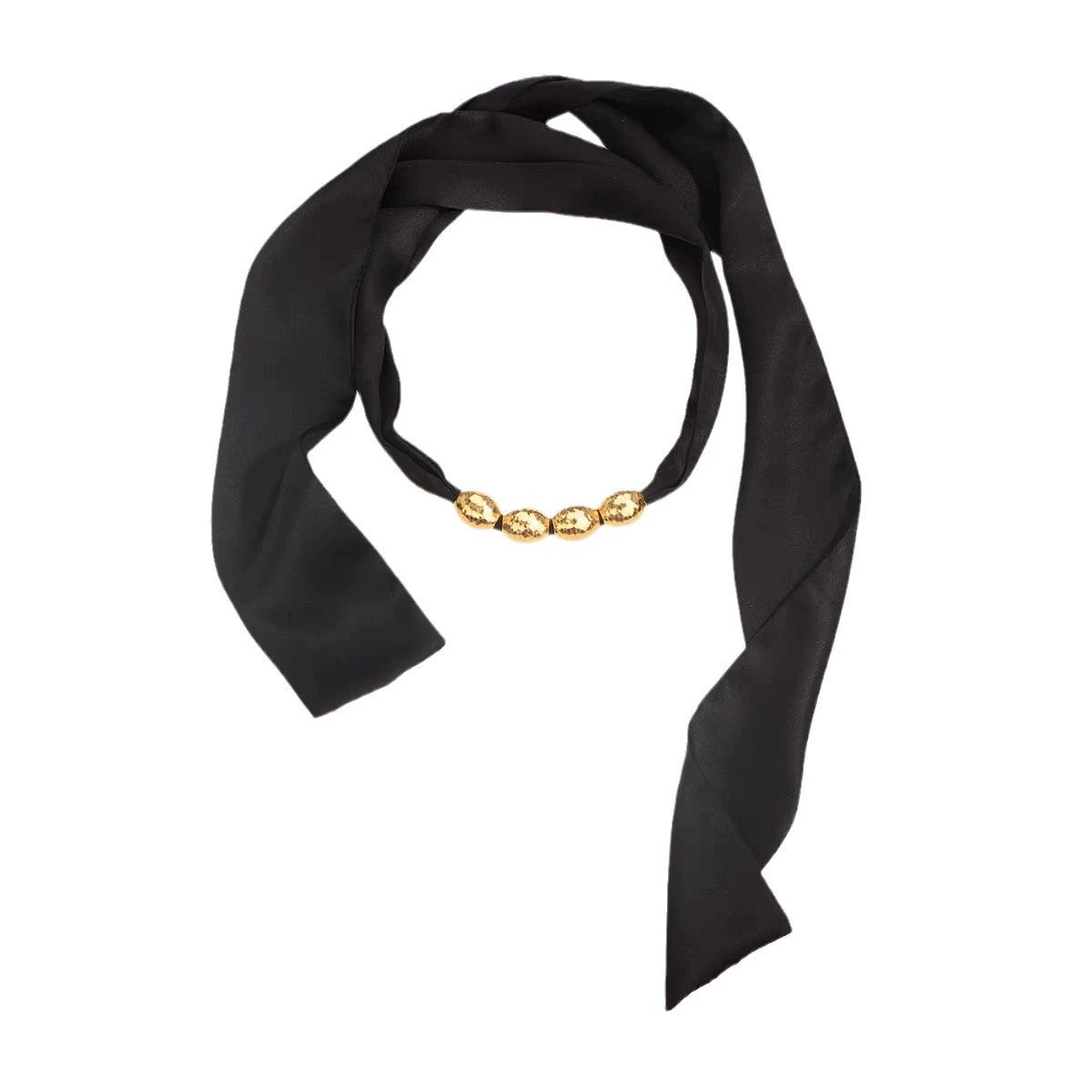 Sculptural Gold Bead Ribbon Necklace with black adjustable tie