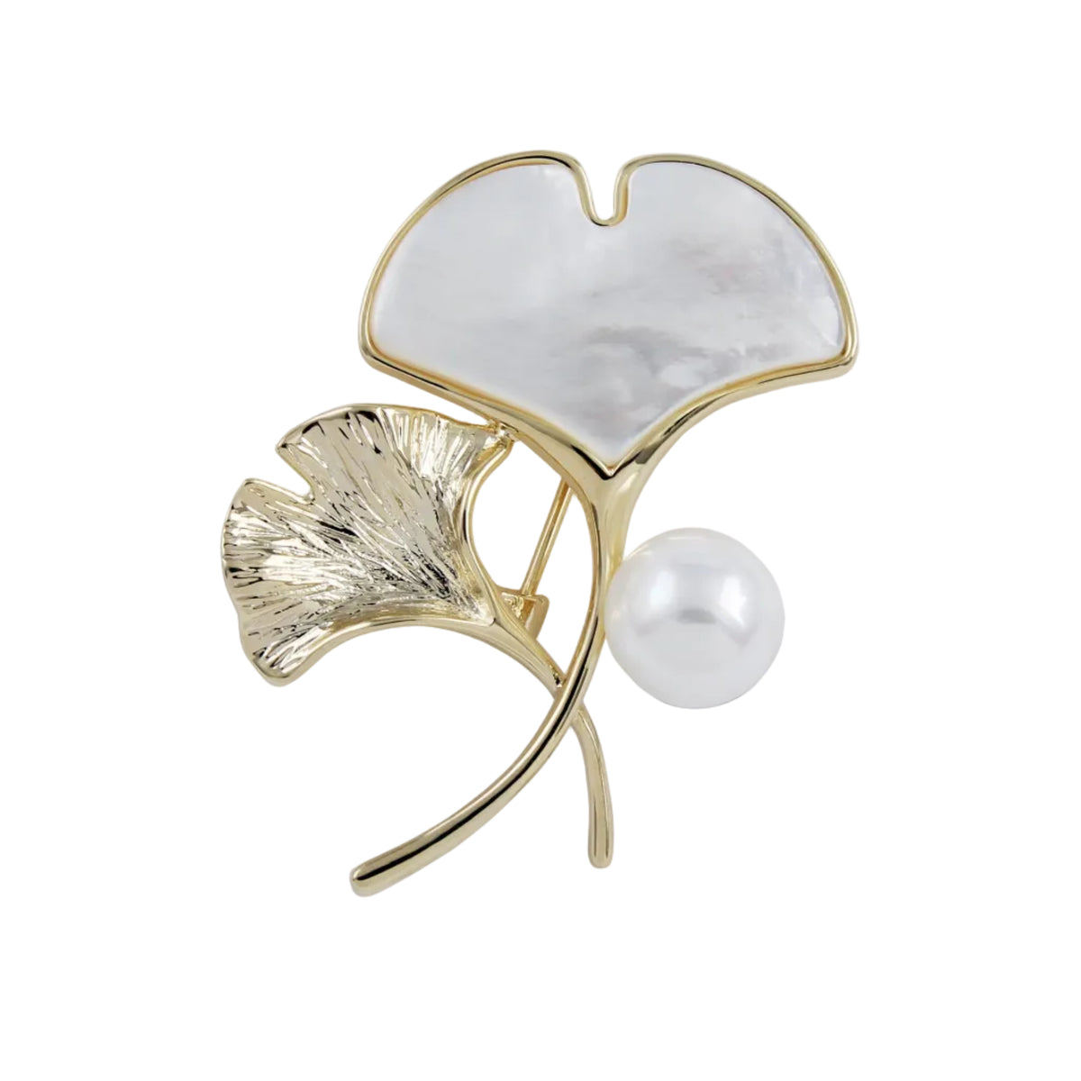 Shell ginkgo brooch in gold-tone with white shell leaf