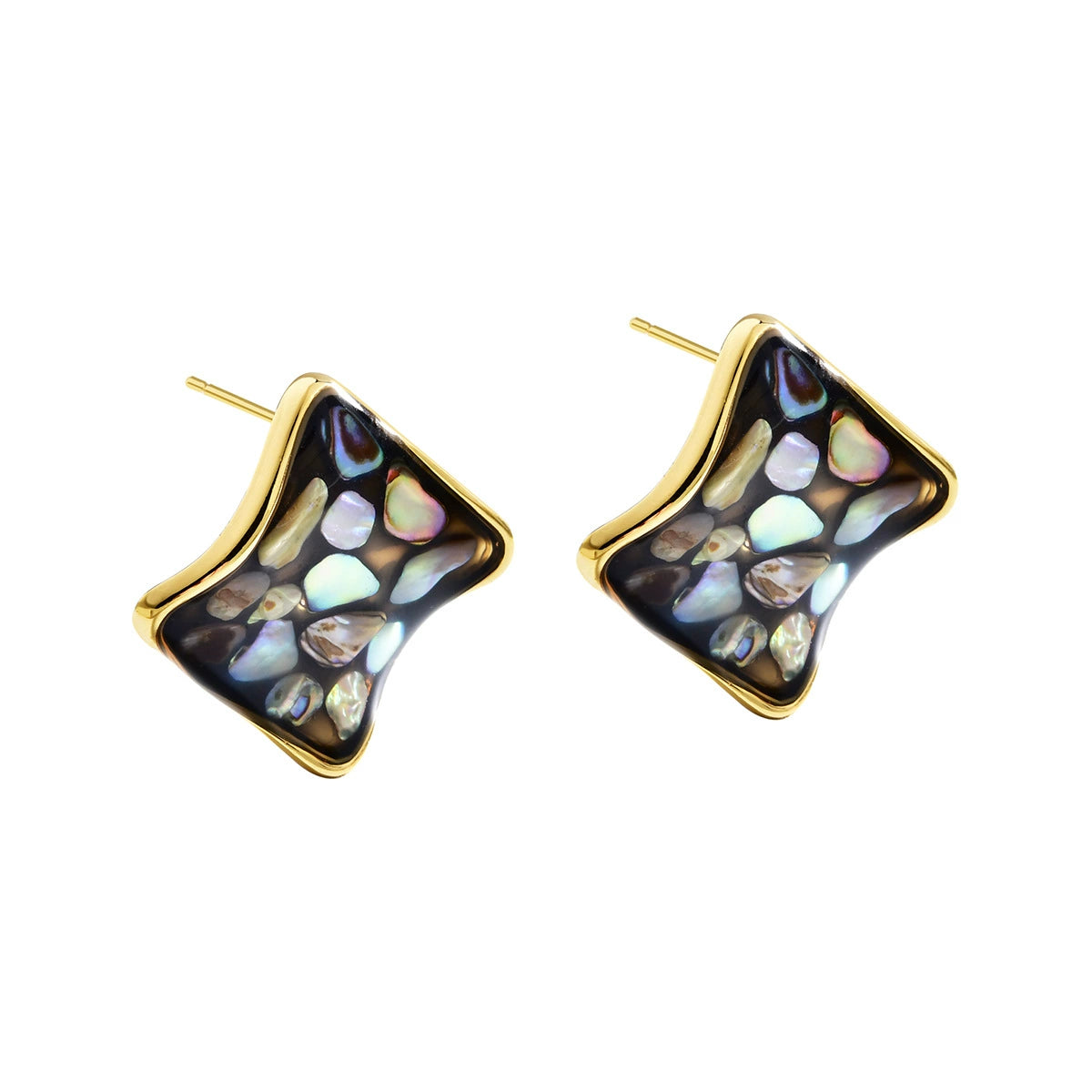 Square abalone shell stud earrings in black-back abalone with gold-tone metal frame