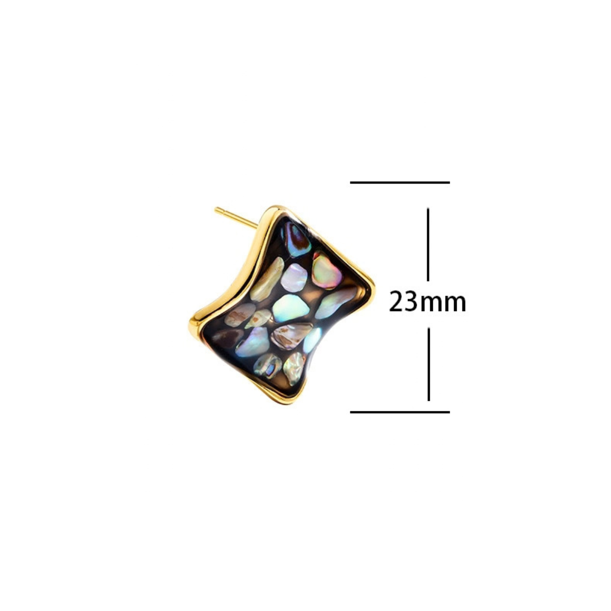 Black-back abalone square stud earring measuring approximately 23 mm