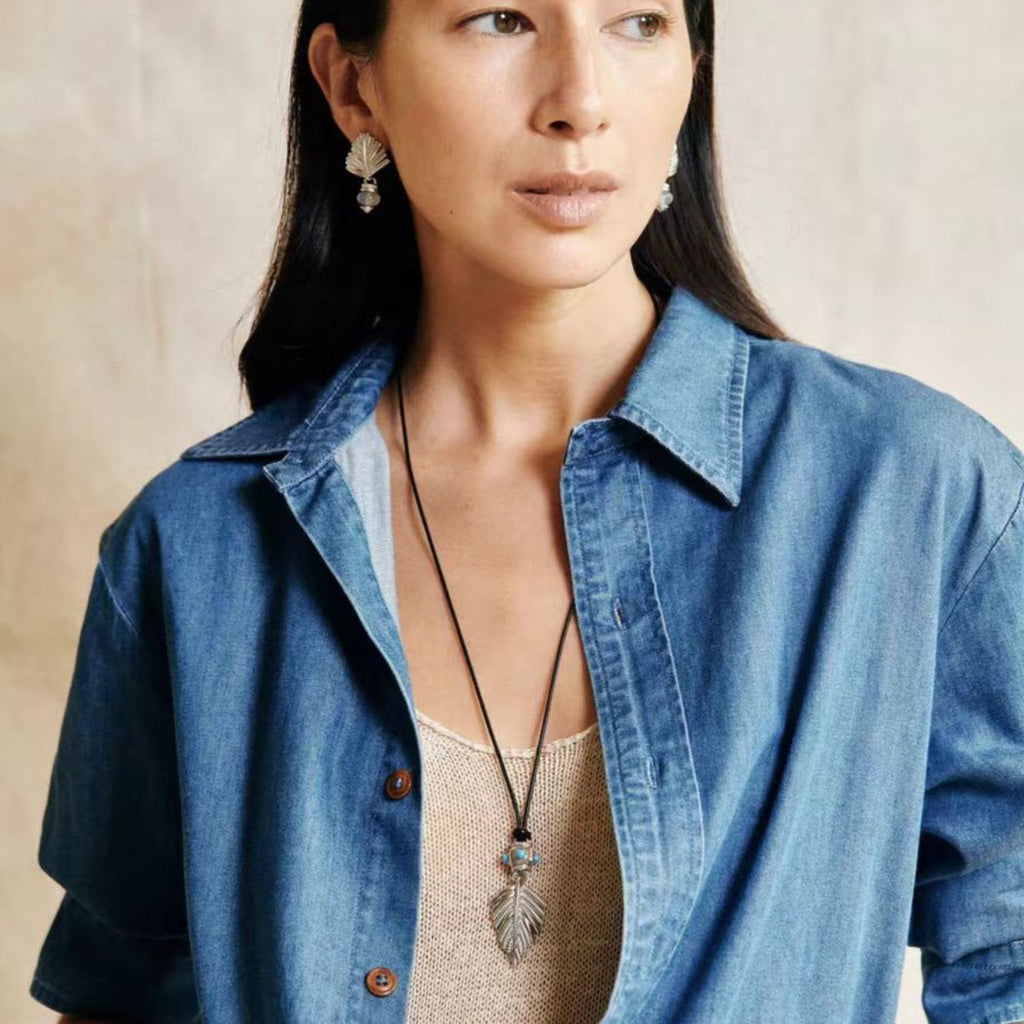 Swaying Palm silver-tone pendant necklace and coordinating agate stud earrings styled together