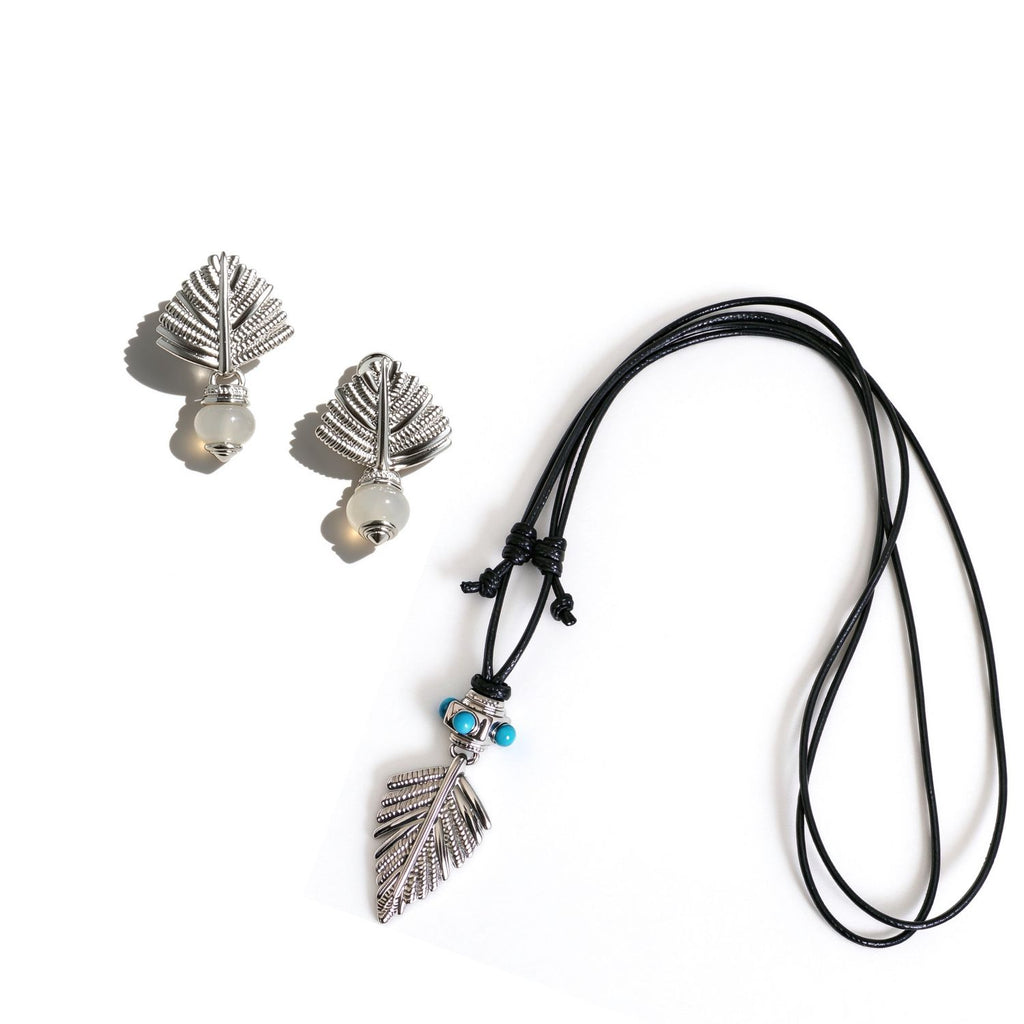 Swaying Palm silver-tone jewelry set with a turquoise pendant necklace and gray agate stud earrings