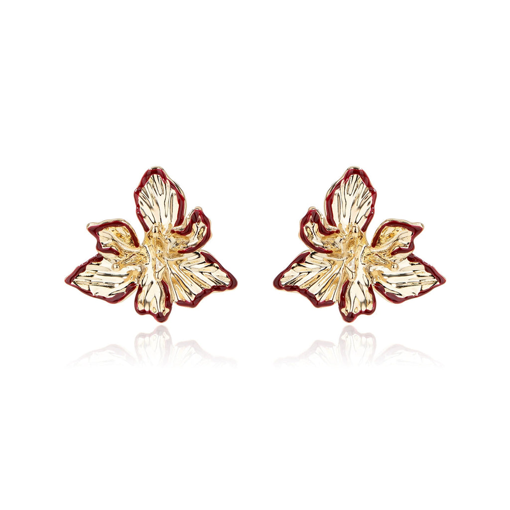 Textured Iris Flower Stud Earrings in gold tone with deep red edging