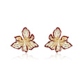 Textured Iris Flower Stud Earrings in gold tone with deep red edging