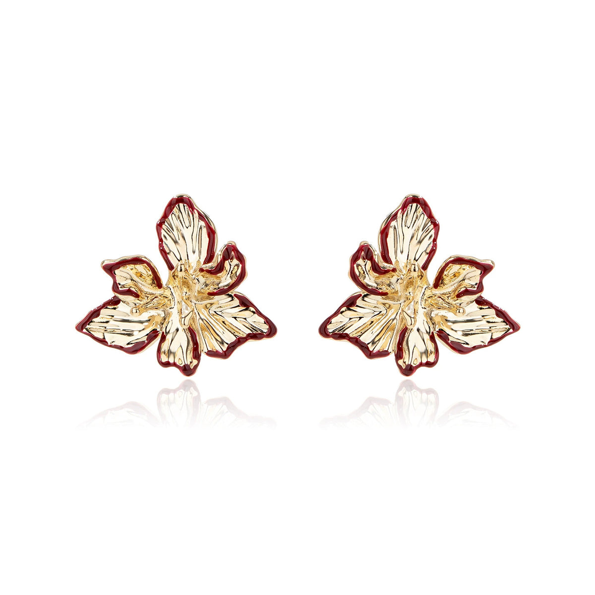Textured Iris Flower Stud Earrings in gold tone with deep red edging