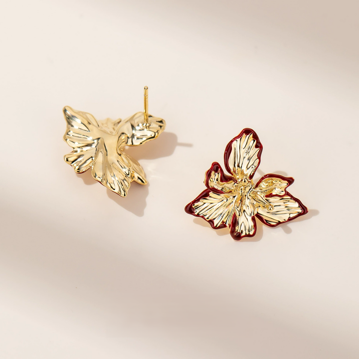 Back view of Textured Iris Flower Stud Earrings with S925 silver posts