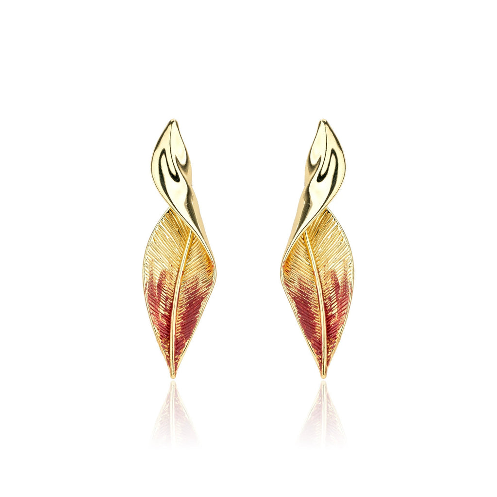 Textured red leaf stud earrings in gold-tone by Troveform