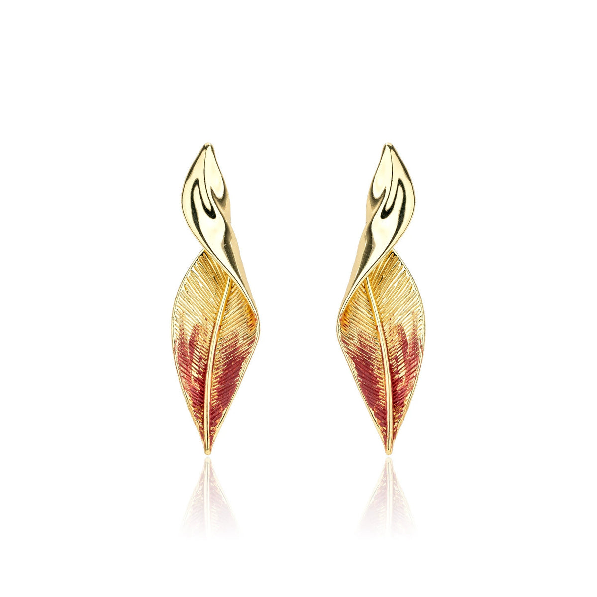 Textured red leaf stud earrings in gold-tone by Troveform