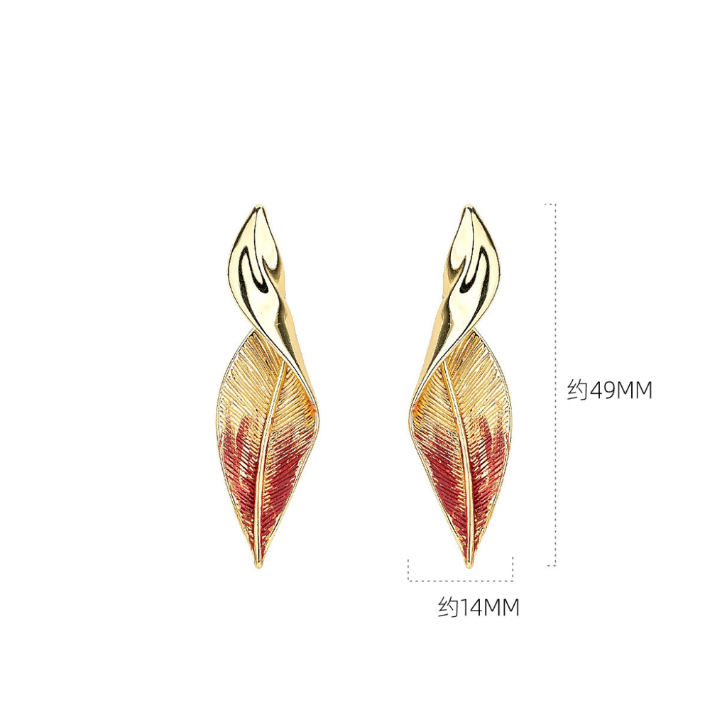 Textured red leaf stud earrings measuring approximately 49 by 14 mm