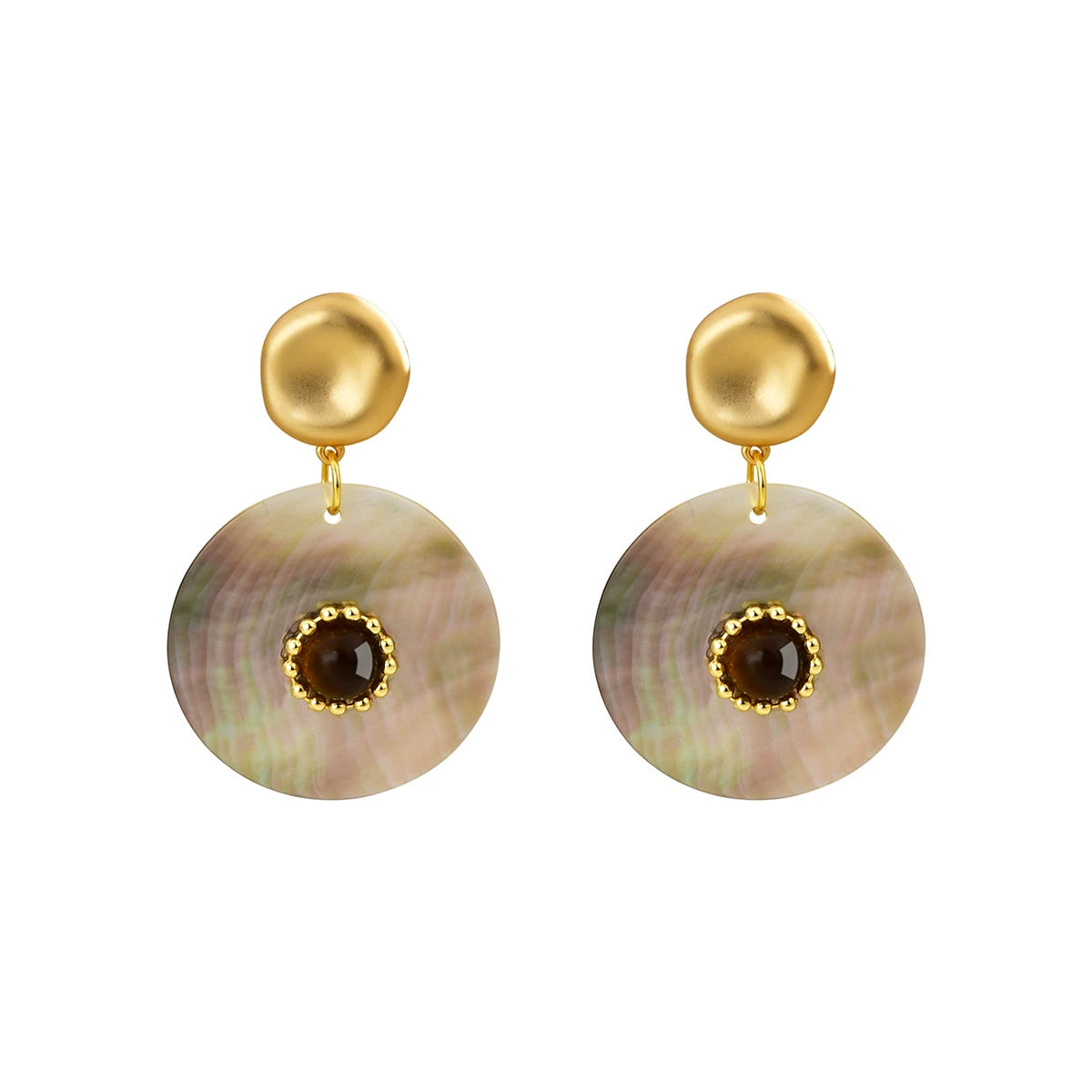 Tiger Eye and Abalone Shell drop earrings in Gold-Tone
