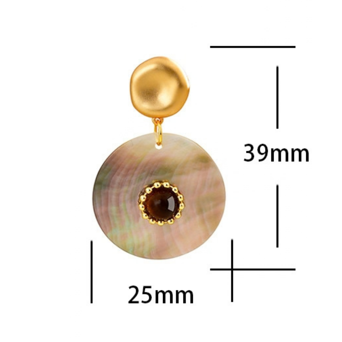 Tiger Eye and Abalone Shell drop earrings measuring approximately 39 by 25 mm