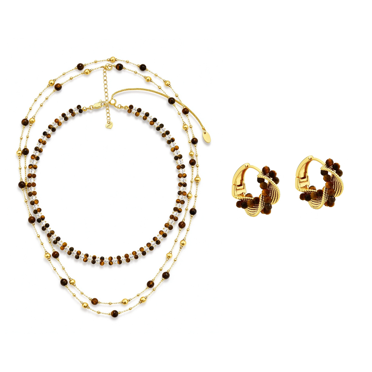 Tiger Eye layered necklaces with matching gold-tone hoop earrings three-piece set