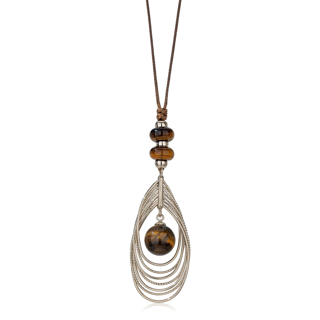 Tiger eye stone pendant with layered teardrop metal design