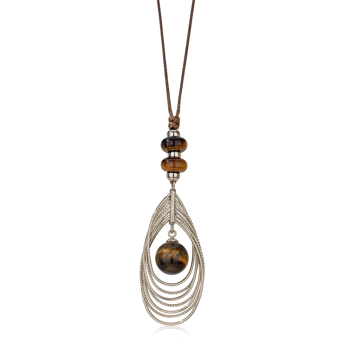Tiger eye stone pendant with layered teardrop metal design