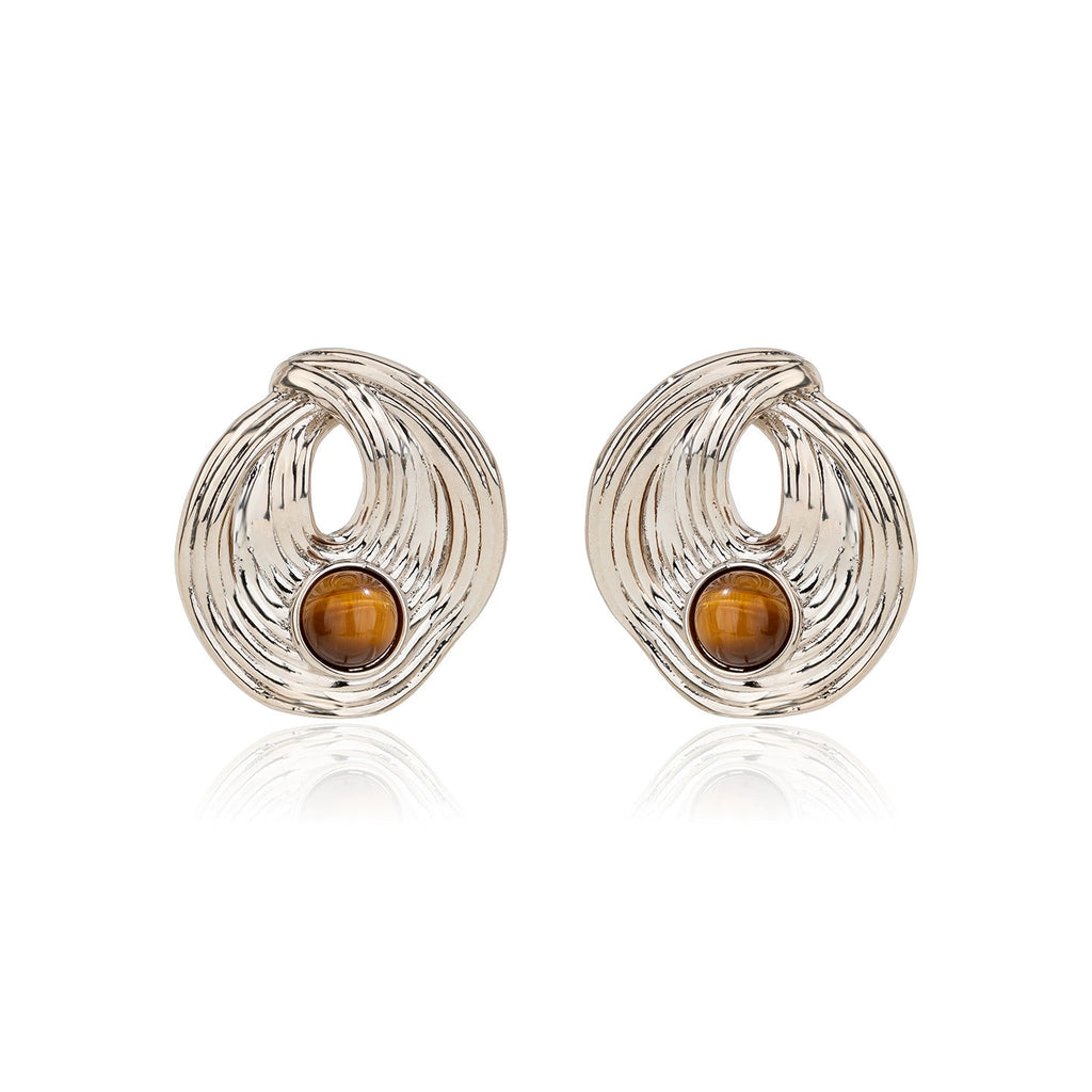 Tiger eye sculptural stud earrings in silver tone