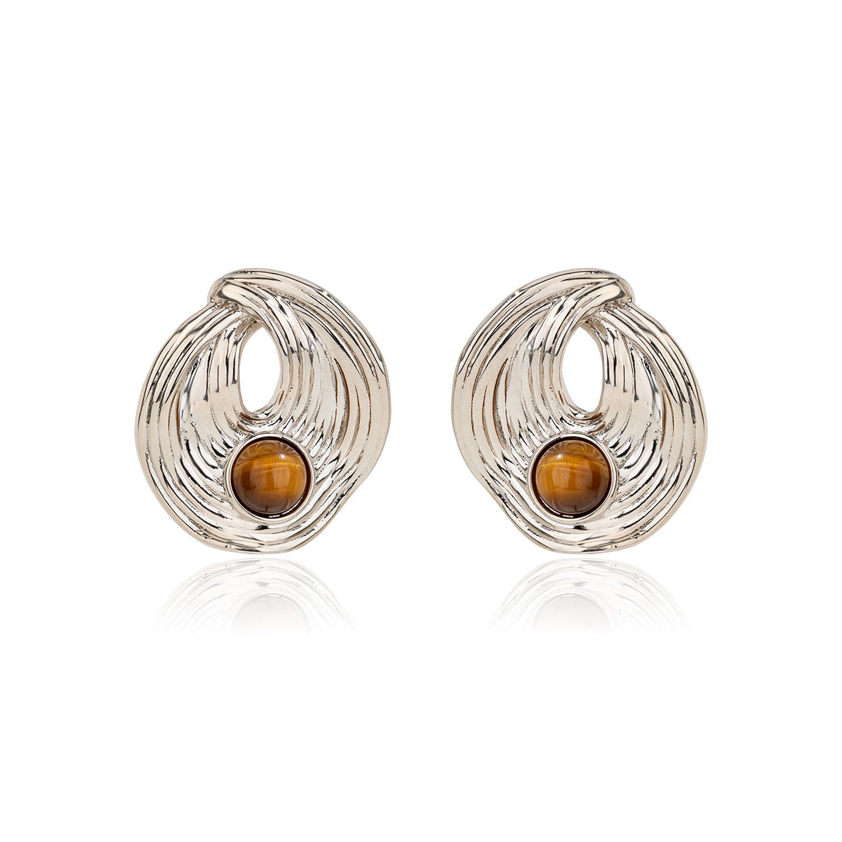 Tiger eye sculptural stud earrings in silver tone