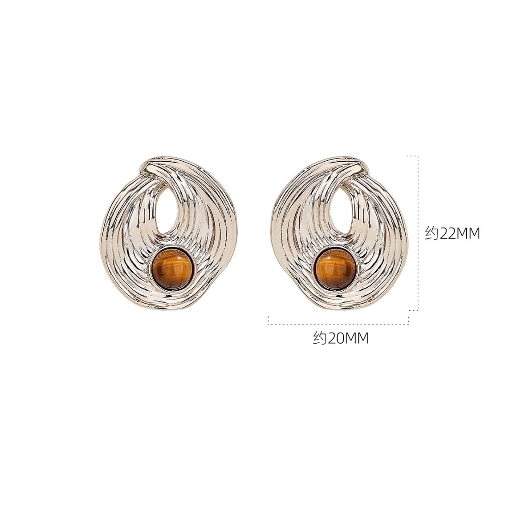 Tiger eye sculptural stud earrings measuring approximately 22 × 20 mm