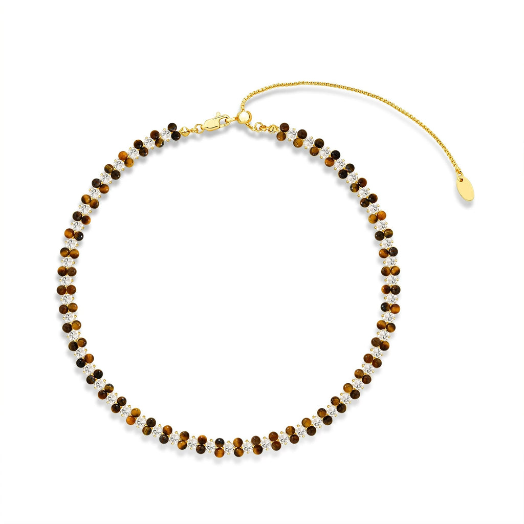 Tiger eye vintage collar necklace with zircon accents and gold-tone details