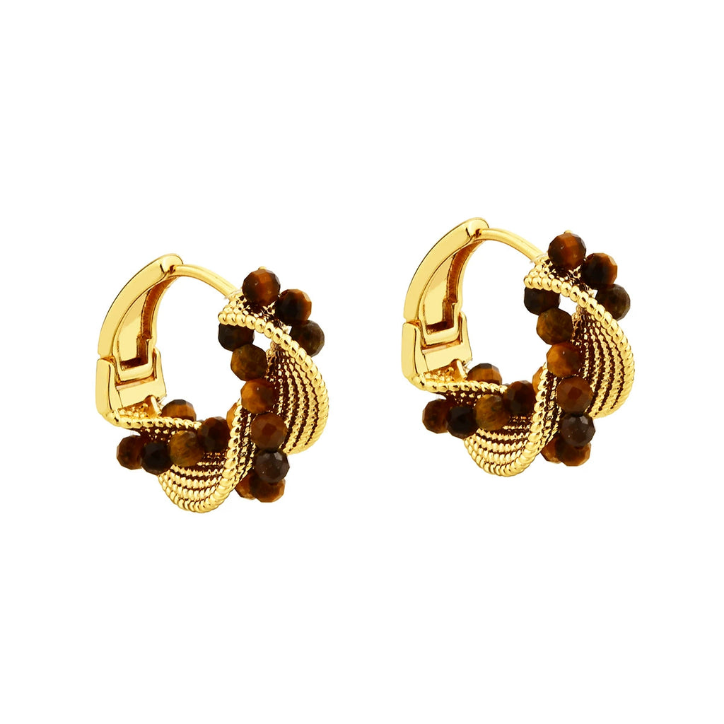 Gold-tone twisted hoop earrings with faceted tiger eye beads