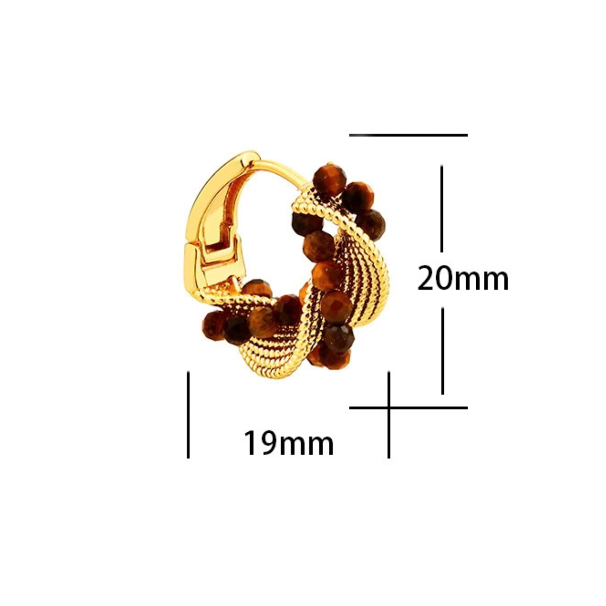 Twisted tiger eye hoop earrings measuring approximately 20 by 19 mm