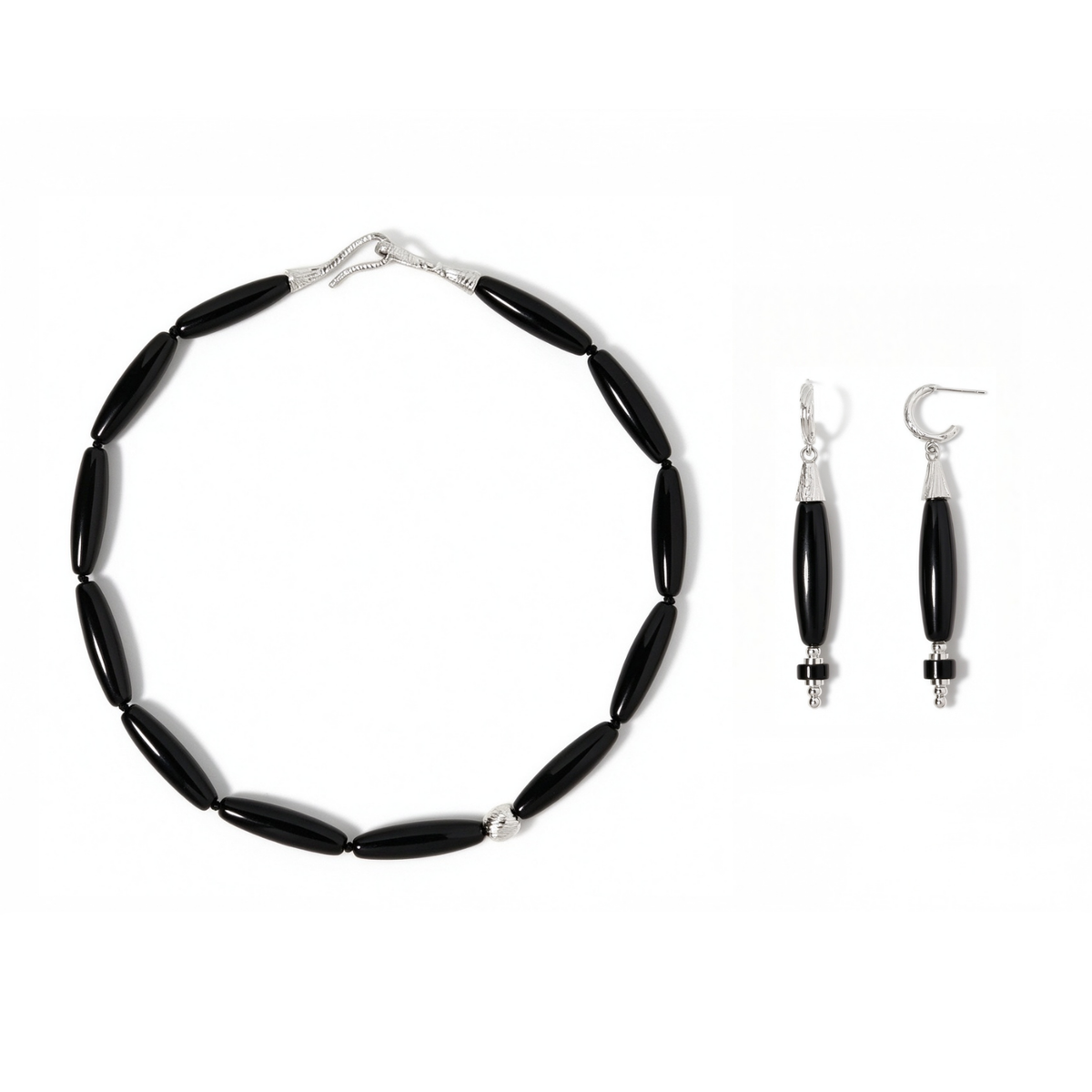 Vessel Black Onyx collar necklace and matching elongated drop earrings set