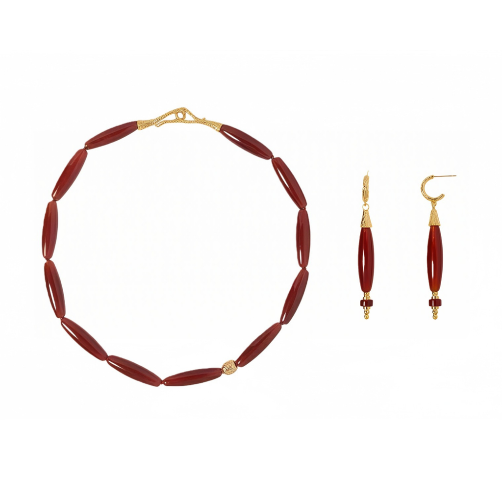 Vessel Red Agate collar necklace and matching elongated drop earrings set