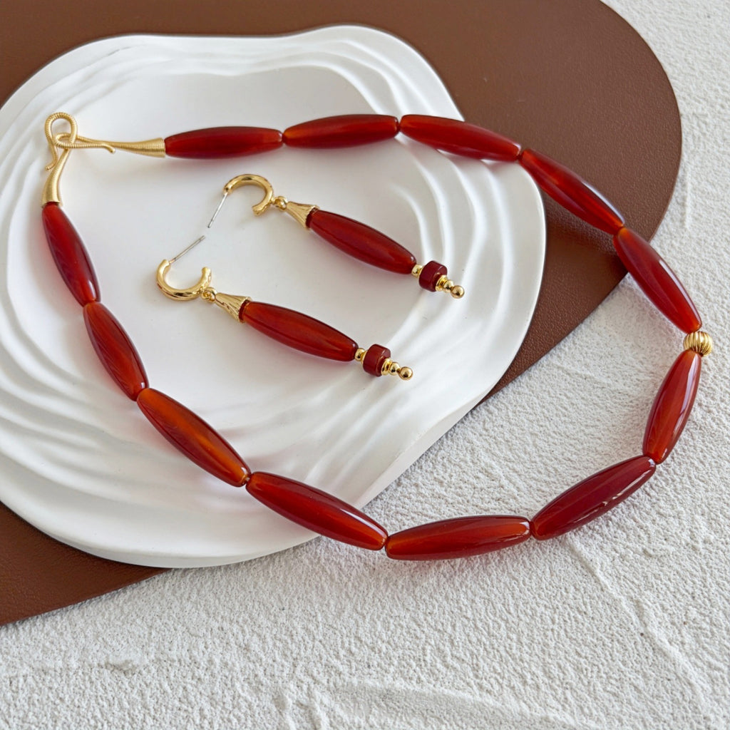 Red Agate collar necklace and matching earrings styled together