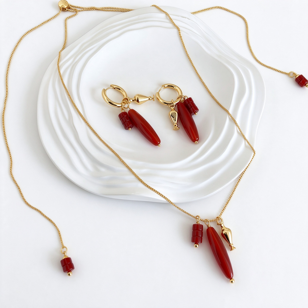 Vessel Red Agate long necklace with matching Style B sculptural earrings