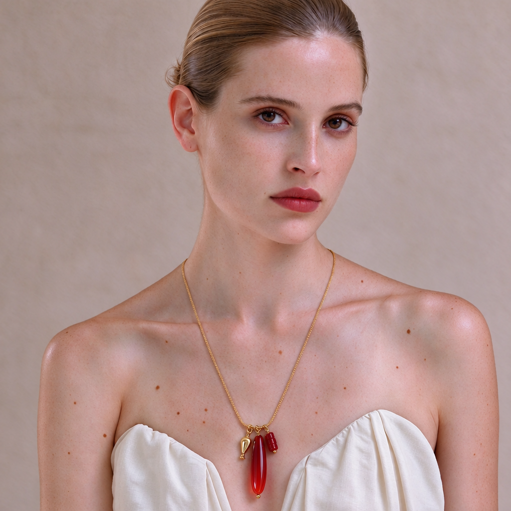 Model wearing the Vessel Red Agate long necklace