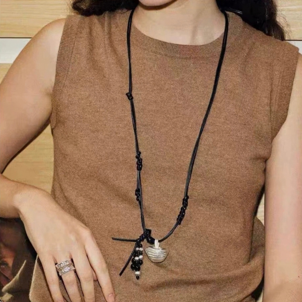 Woven Basket Black Onyx Pendant Necklace with silver-tone pendant