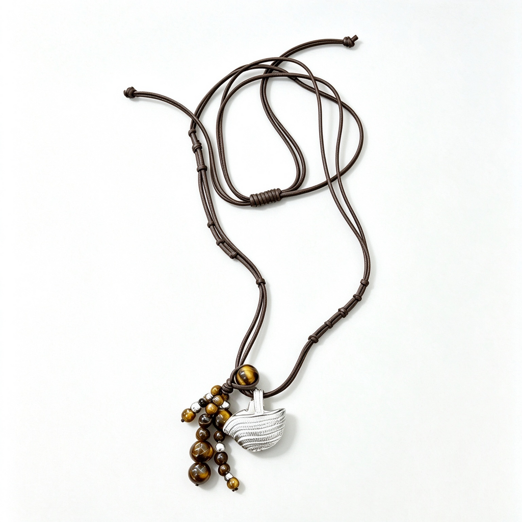 Woven Basket Stone Pendant Necklace in Tiger Eye